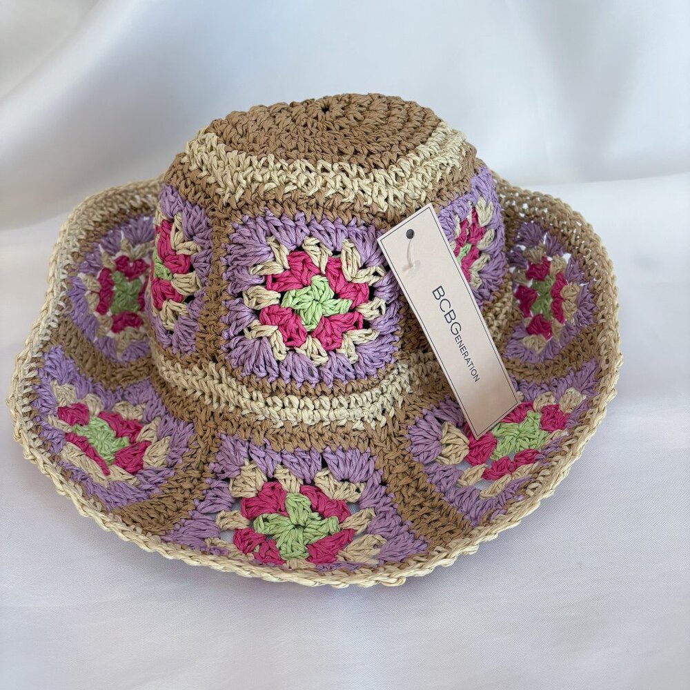 BCBGeneration Straw Crochet Granny Square Bucket Hat Multicolor Size OS